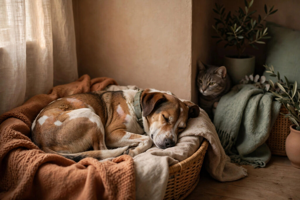 Rescue dog decompressing in a cozy corner