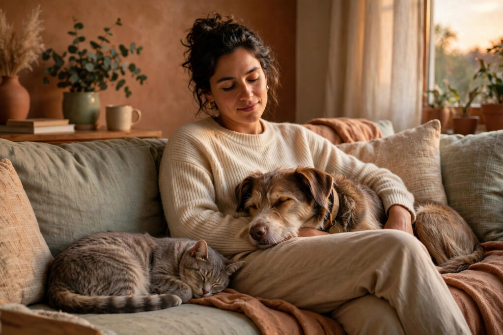 Bonded rescue pets cuddling at home