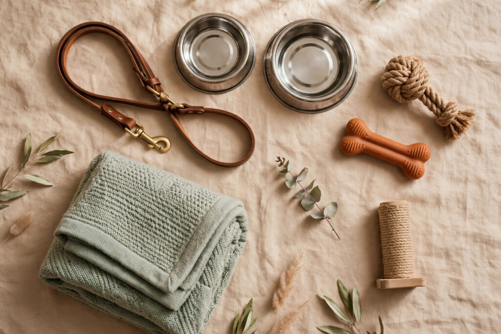 Flat lay of rescue pet adoption supplies — Found & Fearless
