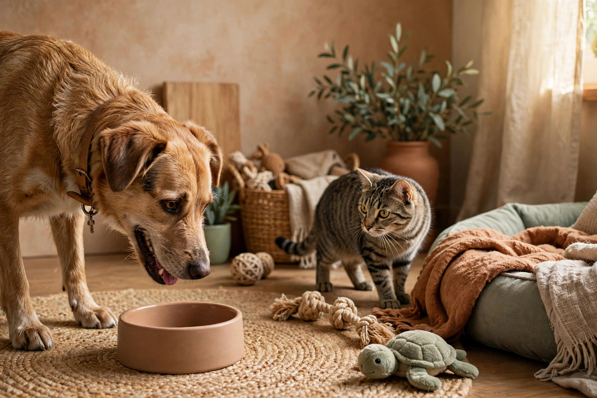 Illustration of a dog and cat in a prepared home