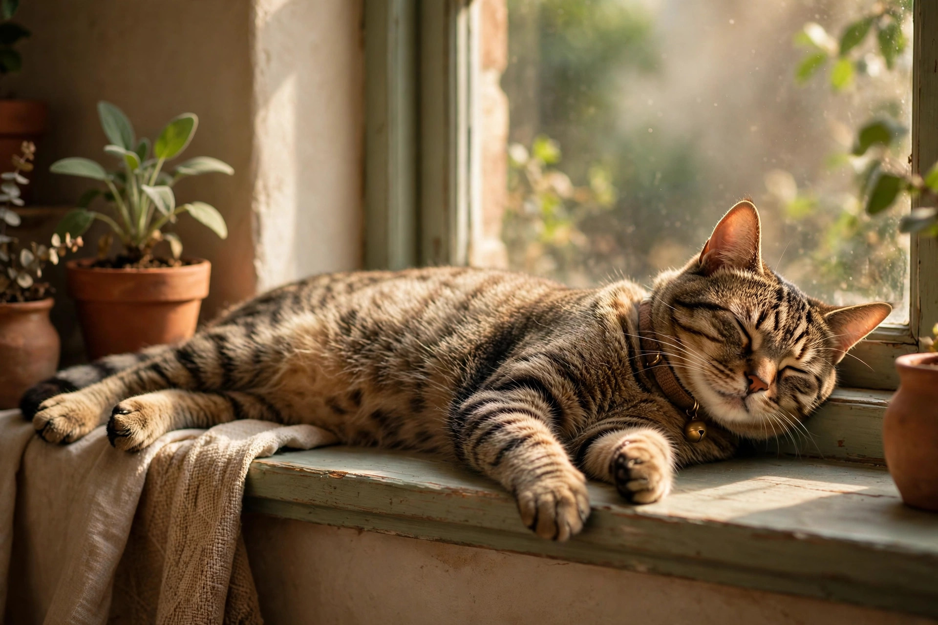 Illustration of a cat resting beside a sunny window
