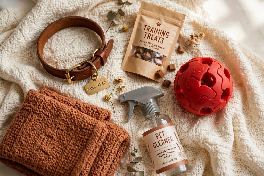Flat lay of rescue-dog essentials: an engraved leather collar, training treats, a red treat ball, pet cleaner spray, and folded blankets.