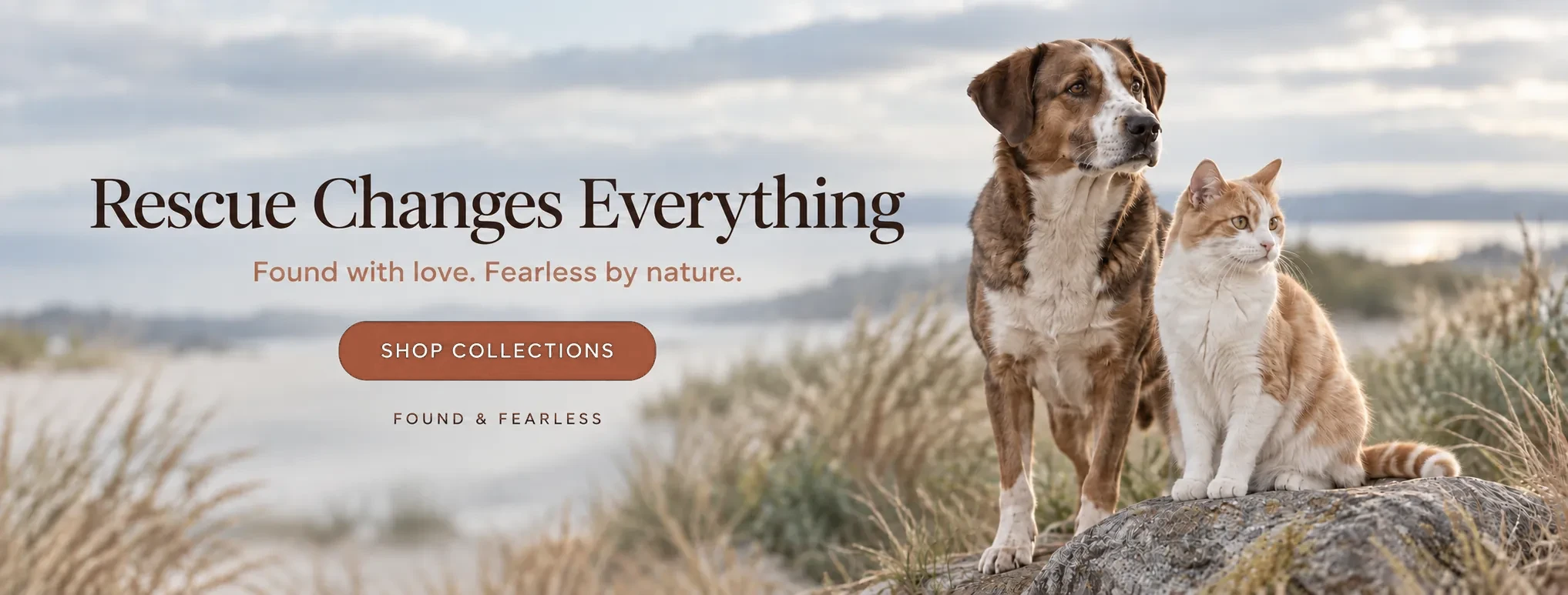 Rescue Changes Everything. Found with love. Fearless by nature. A dog and cat together in soft daylight.
