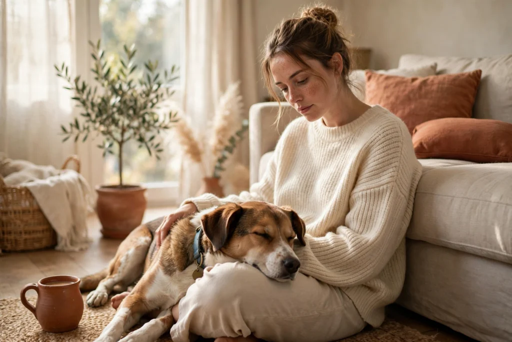 Adopter's remorse — new rescue dog resting with his adopter