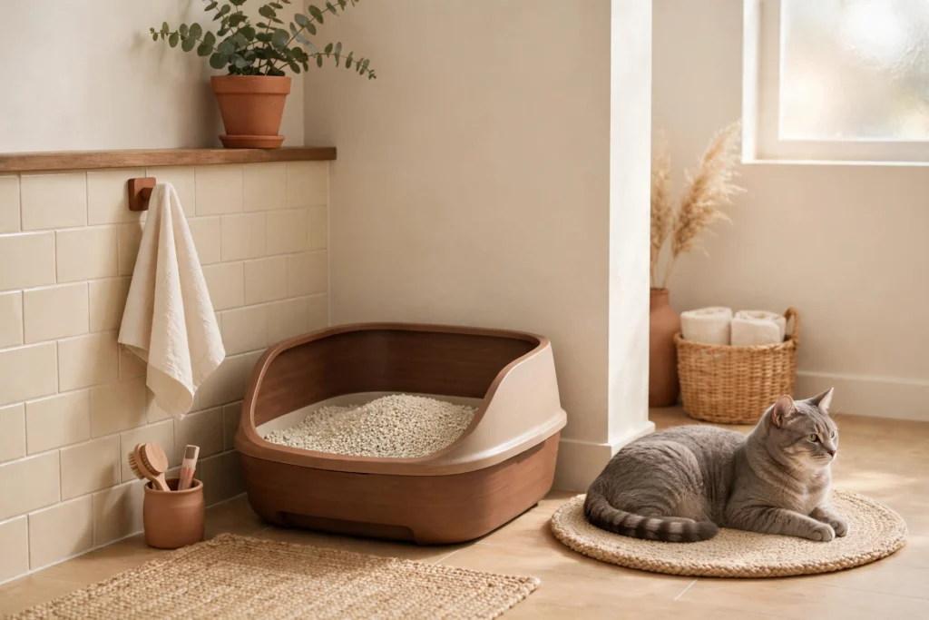 Rescue cat adjusting to new litter box
