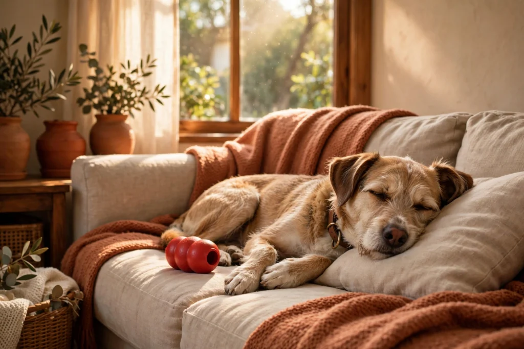 Rescue dog relaxing at home alone