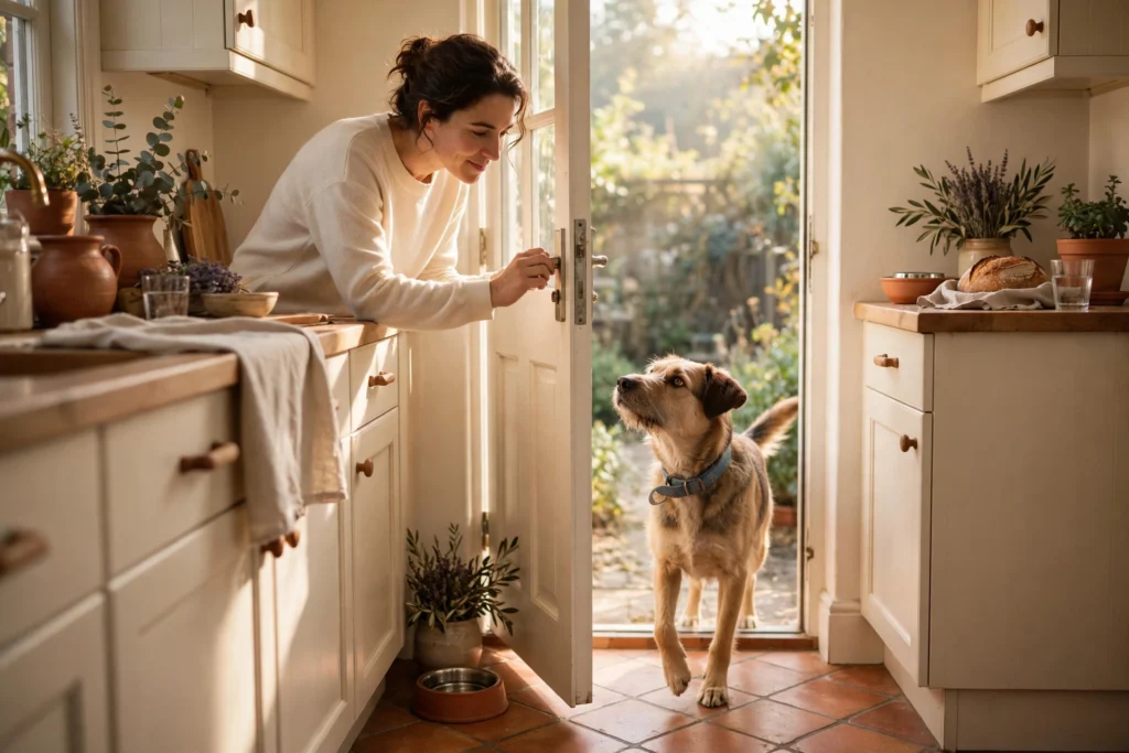 Rescue dog near the back door of a new home during housetraining retraining